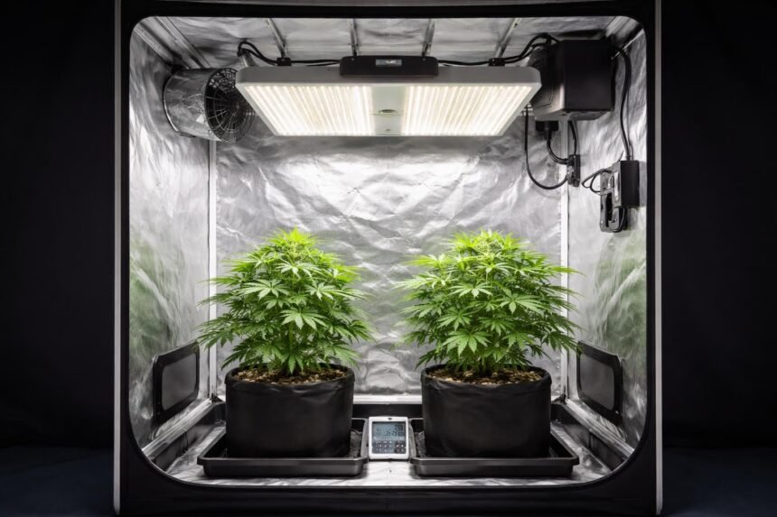 - Zwei Pflanzen in der Growbox, kompakte Beleuchtung, Belüftung und Sicherheit.