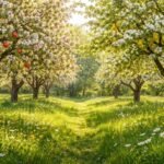 Nebeneinander gepflanzte Obstbäume: harmonisch; gut bestäubt; gesunde Früchte; reiche Ernte im Garten.