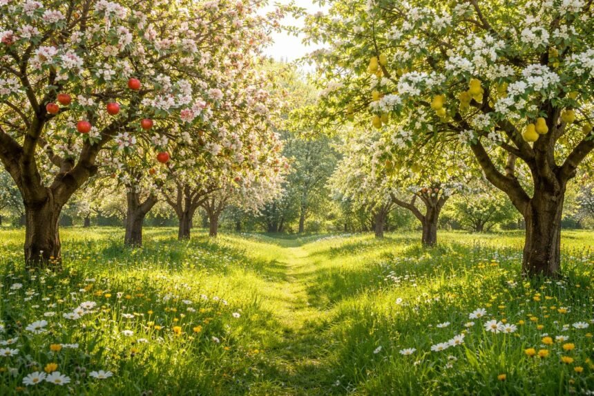 Nebeneinander gepflanzte Obstbäume: harmonisch; gut bestäubt; gesunde Früchte; reiche Ernte im Garten.