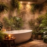 Grünes Badezimmer-Arrangement mit pflegeleichten Zimmerpflanzen in feuchter Wärme und Wellness-Flair