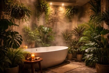 Grünes Badezimmer-Arrangement mit pflegeleichten Zimmerpflanzen in feuchter Wärme und Wellness-Flair