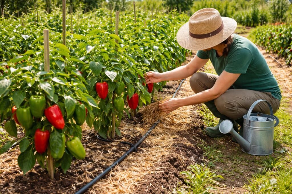 Paprika im Freiland wachsen, sonniger Standort, Pflegehinweise und Ernte sichtbar