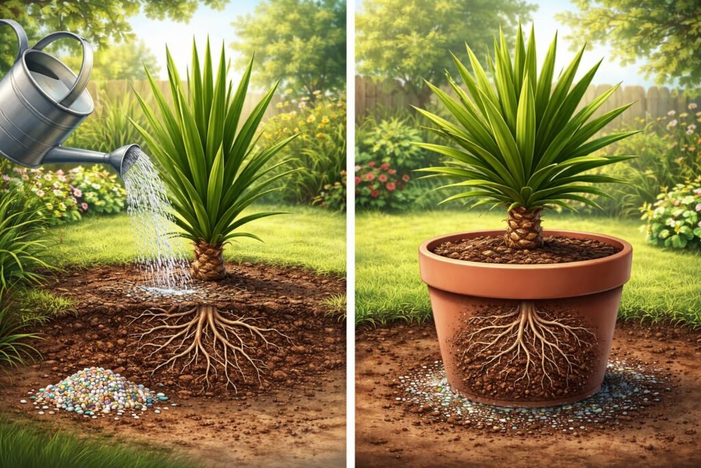 Nahaufnahme einer Yucca gloriosa Pflanze beim Gießen und Düngen im Garten.