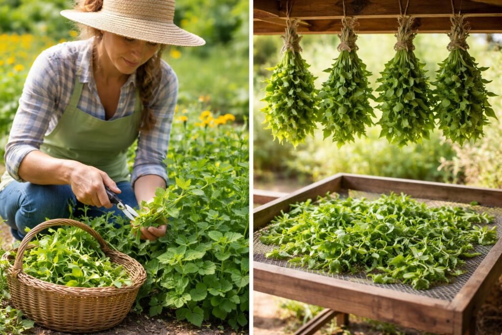 Zitronenmelisse-Ernte im Garten, richtige Trocknung, Aroma bewahren, frische Blätter verwenden.