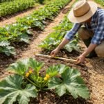 Ertragreiche Zucchini im Beet mit ausreichendem Pflanzabstand deutlich sichtbar und ordentlich geordnet