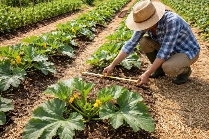 Ertragreiche Zucchini im Beet mit ausreichendem Pflanzabstand deutlich sichtbar und ordentlich geordnet