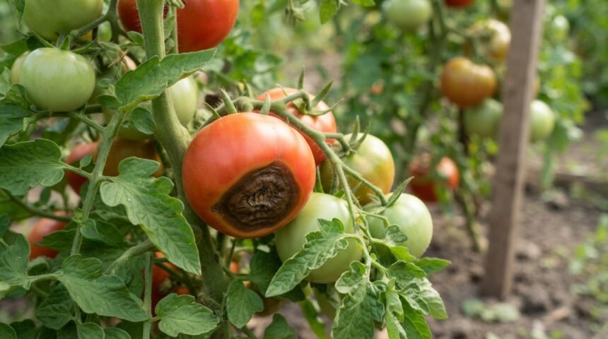 Braune, ledrige Flecken durch Blütenendfäule an reifenden Tomaten