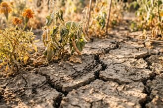 Ameisen zwischen trockenen Beeten und Pflanzen in einem ausgetrockneten Sommergarten