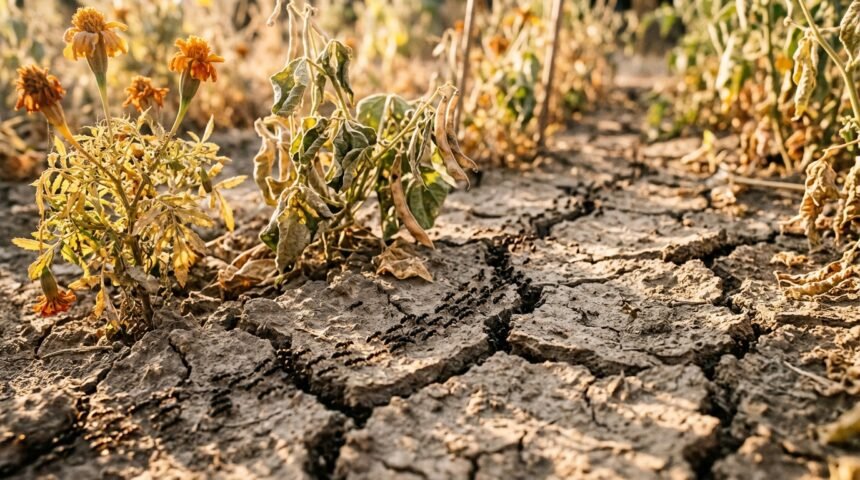 Ameisen zwischen trockenen Beeten und Pflanzen in einem ausgetrockneten Sommergarten