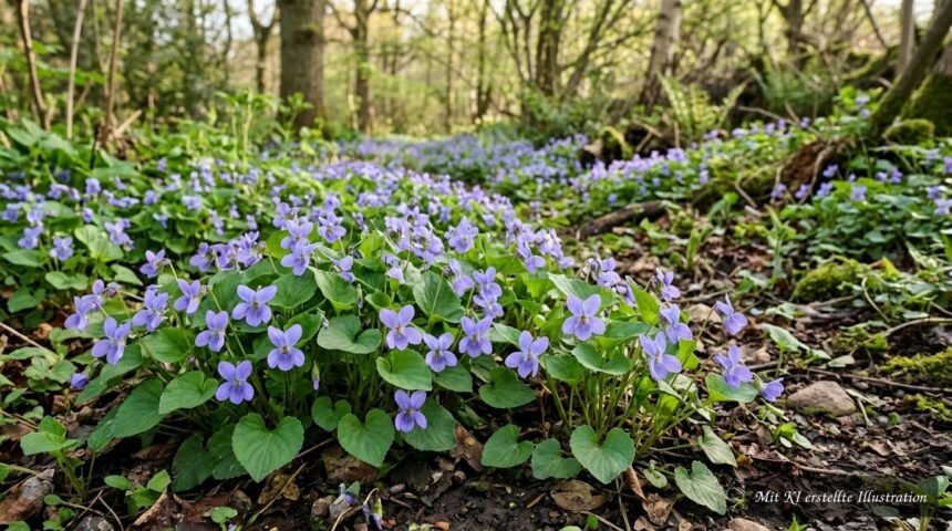 Amerikanisches Veilchen mit violetten Blüten breitet sich üppig im Frühlingsgarten aus
