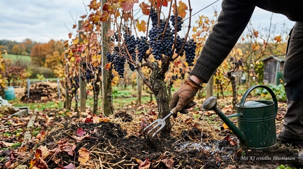 Tafeltraubenreben im Herbst mit gepflegtem Boden und ausreichender Bewässerung vor dem Winter