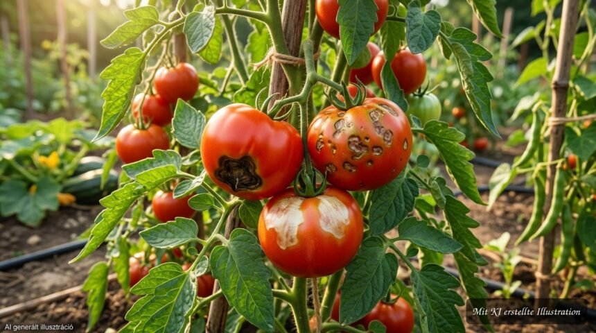 Reife Tomaten mit braunen Flecken zur Unterscheidung von Blütenendfäule, Pilzkrankheit und Sonnenbrand
