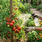Reife Tomaten mit Blütenendfäule neben Calcium-Blattdünger im Garten
