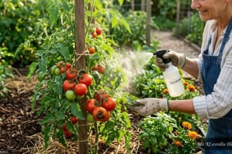 Reife Tomaten mit Blütenendfäule neben Calcium-Blattdünger im Garten