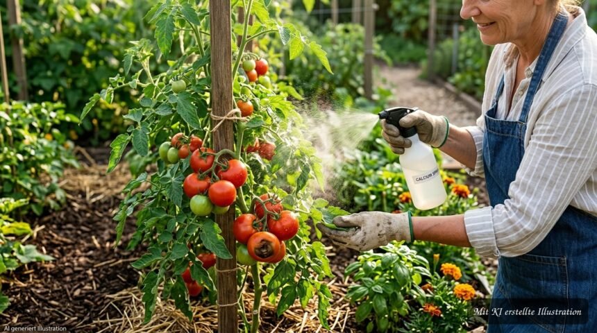 Reife Tomaten mit Blütenendfäule neben Calcium-Blattdünger im Garten
