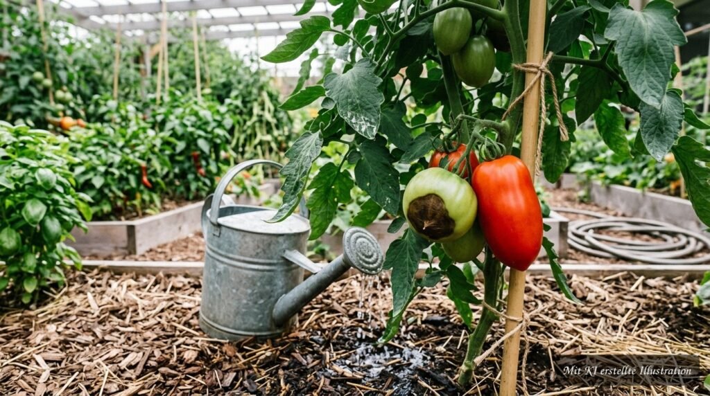 Tomatenpflanzen mit Eierschalen und Brennnesseljauche zur Vorbeugung von Blütenendfäule