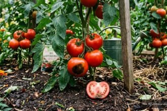 Schwarzer Fleck am Blütenende einer reifenden Tomate durch Blütenendfäule