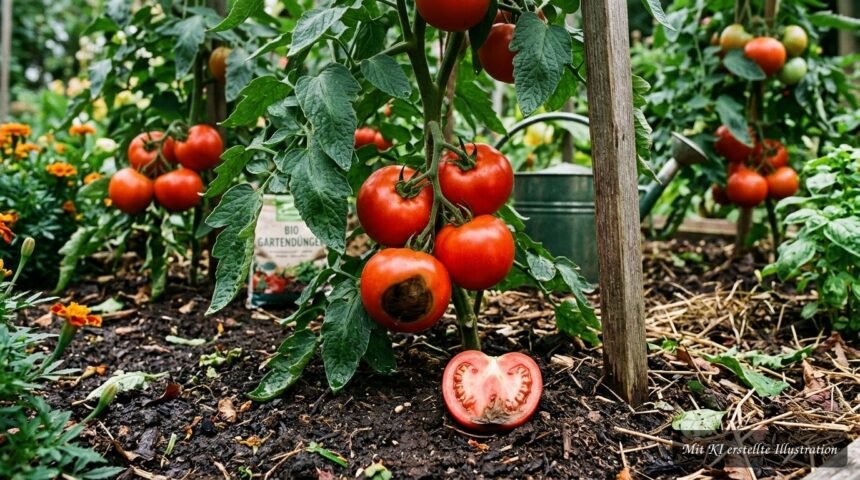 Calciummangel oder falsches Gießen? So erkennst du die Ursache der Blütenendfäule bei Tomaten Schwarzer Fleck am Blütenende einer reifenden Tomate durch Blütenendfäule
