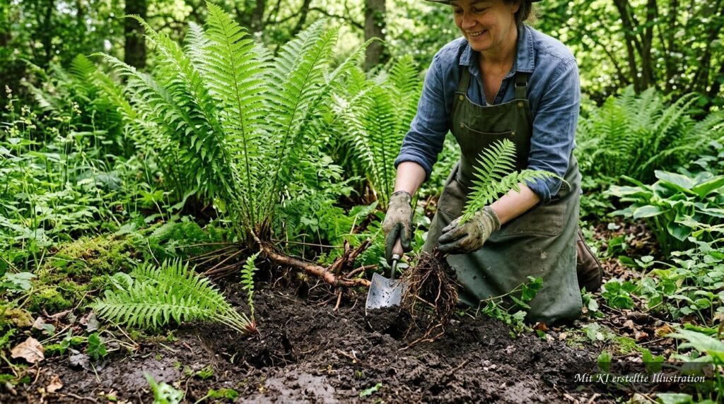 Straußenfarn mit gefiederten Wedeln im Garten bei der Vermehrung durch Ausläufer