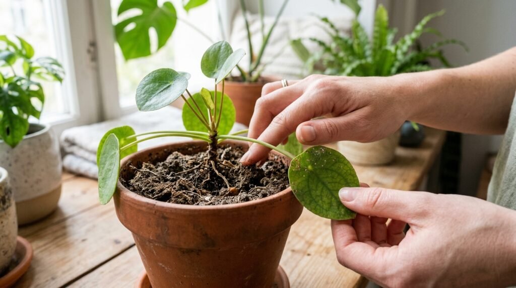 Hände prüfen trockene Erde und ertasten Blätter einer betroffenen Pflanze