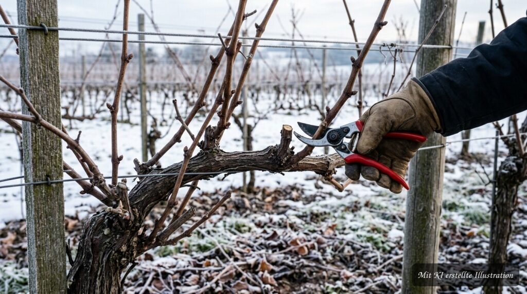 Weinreben im Winter beim fachgerechten Hauptschnitt an kahlen Ruten