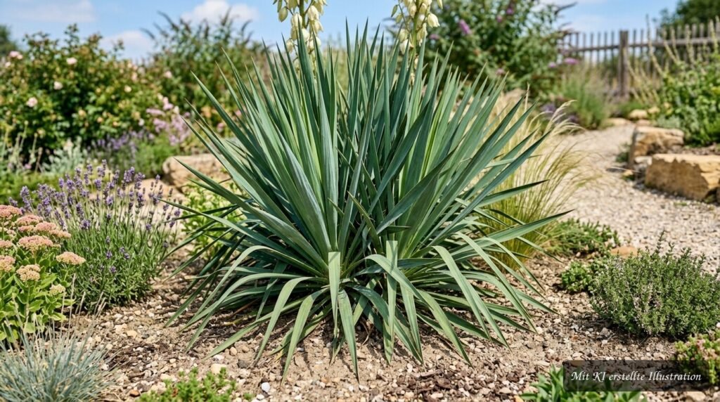 Schlaffe Palmlilie (Yucca flaccida): Pflegeleichte Yucca für sonnige Gartenplätze Schlaffe Palmlilie (Yucca flaccida) an einem sonnigen Gartenplatz mit gut durchlässigem Boden.