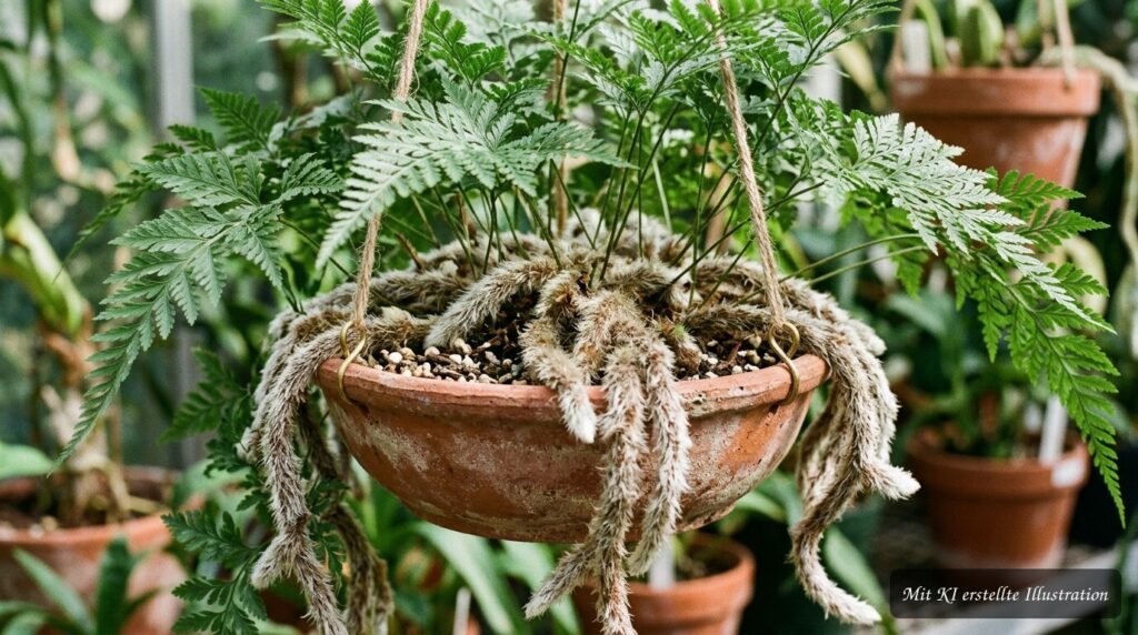Hasenfußfarn mit auffälligen, behaarten Rhizomen in einer Nahaufnahme