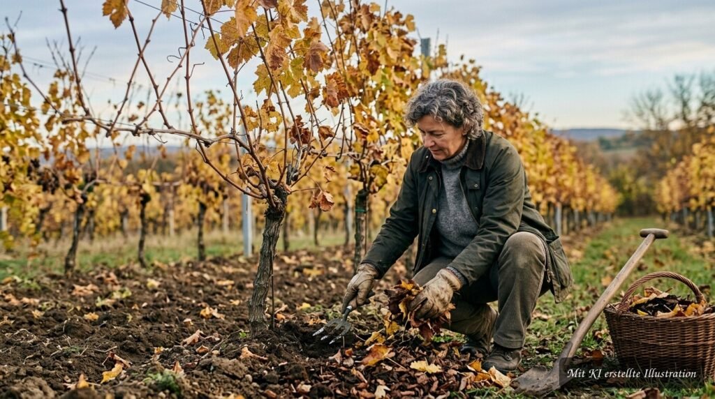 Weinreben im Herbst mit gepflegtem Boden vor dem ersten Frost