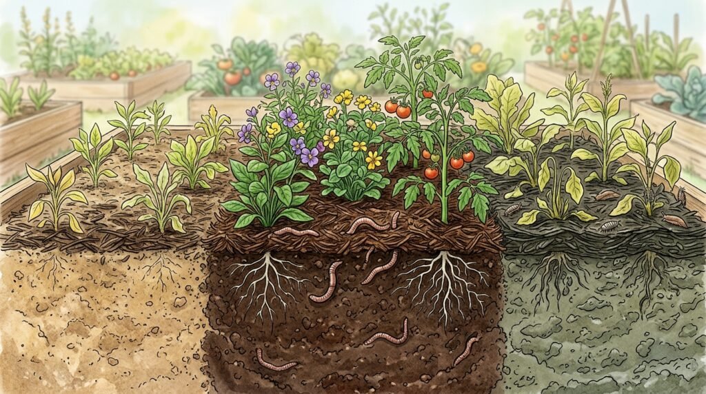 Mulchschicht schützt Boden vor Trockenheit und beeinflusst das Klima im Gartenbeet