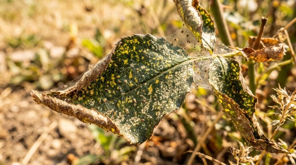 Spinnmilbenbefall verursacht helle Blattflecken, Gespinste und geschädigte Pflanzen während trockener Gartenperioden