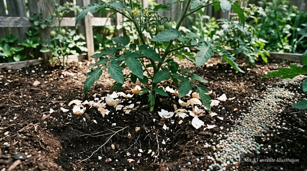 Zerstoßene Eierschalen als natürlicher Dünger neben einer gesunden Tomatenpflanze im Garten