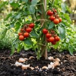 Zerstoßene Eierschalen im Pflanzloch neben einer jungen Tomatenpflanze im Gartenbeet