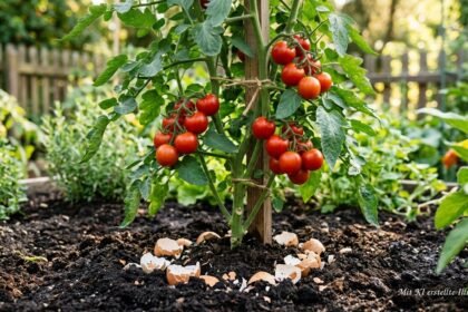Zerstoßene Eierschalen im Pflanzloch neben einer jungen Tomatenpflanze im Gartenbeet