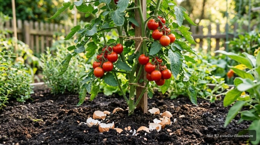 Zerstoßene Eierschalen im Pflanzloch neben einer jungen Tomatenpflanze im Gartenbeet