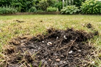 Engerlinge unter dem Rasen verursachen braune Stellen und lösen geschwächte Grasnarben ab