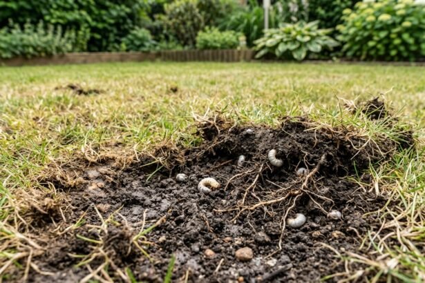 Engerlinge unter dem Rasen verursachen braune Stellen und lösen geschwächte Grasnarben ab