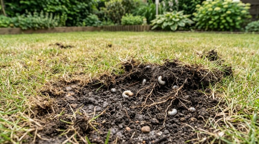 Engerlinge unter dem Rasen verursachen braune Stellen und lösen geschwächte Grasnarben ab