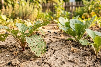 Erdflöhe beschädigen Gemüseblätter in trockenem Boden und gefährden die Ernte.