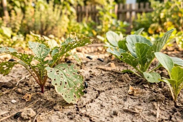 Erdflöhe beschädigen Gemüseblätter in trockenem Boden und gefährden die Ernte.