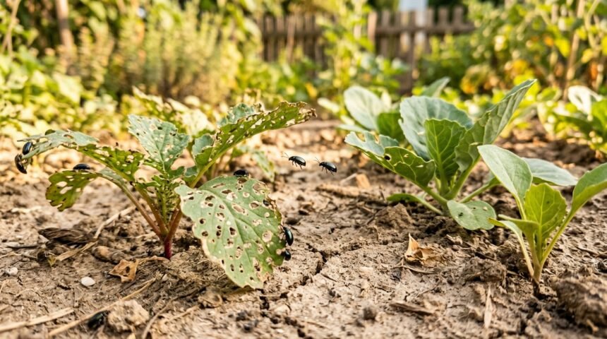 Erdflöhe beschädigen Gemüseblätter in trockenem Boden und gefährden die Ernte.