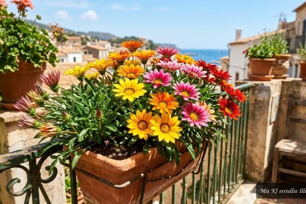 Gazanien im Balkonkasten öffnen ihre farbenfrohen Blüten bei direktem Sonnenlicht vollständig