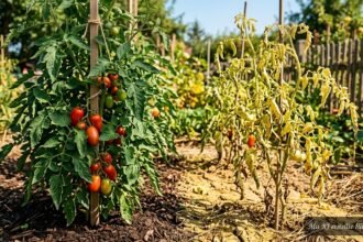 Gelbe, eingerollte Tomatenblätter als Hinweise auf Nährstoffmangel, Hitze oder Krankheit