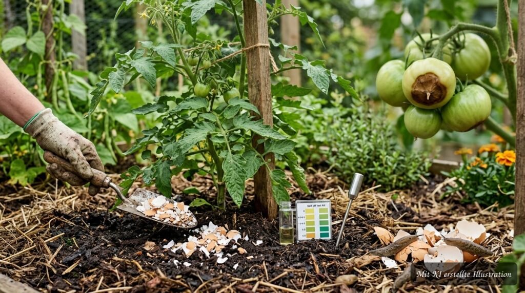 Eierschalen werden als Hausmittel für mehr Calcium beim Pflanzen von Tomaten ins Pflanzloch gegeben.
