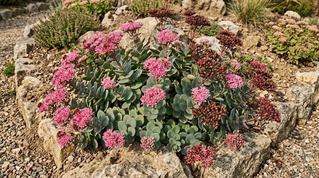 Felsen-Fettblatt (Hylotelephium cauticola): Pflege, Blüte und Verwendung im Steingarten Felsen-Fettblatt mit fleischigen Blättern und rosafarbenen Blüten im Steingarten