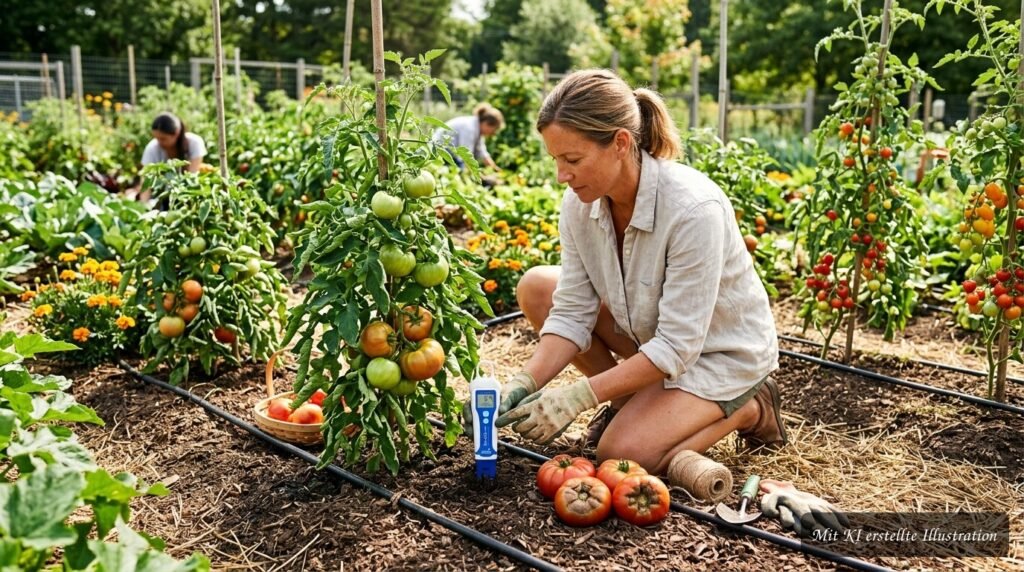 Tomatenpflanzen mit braunen Stellen durch Blütenendfäule und Calcium-Blattdünger zur Vorbeugung