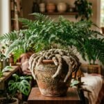 Hasenfußfarn mit filigranen Wedeln und auffälligen behaarten Rhizomen im Blumentopf