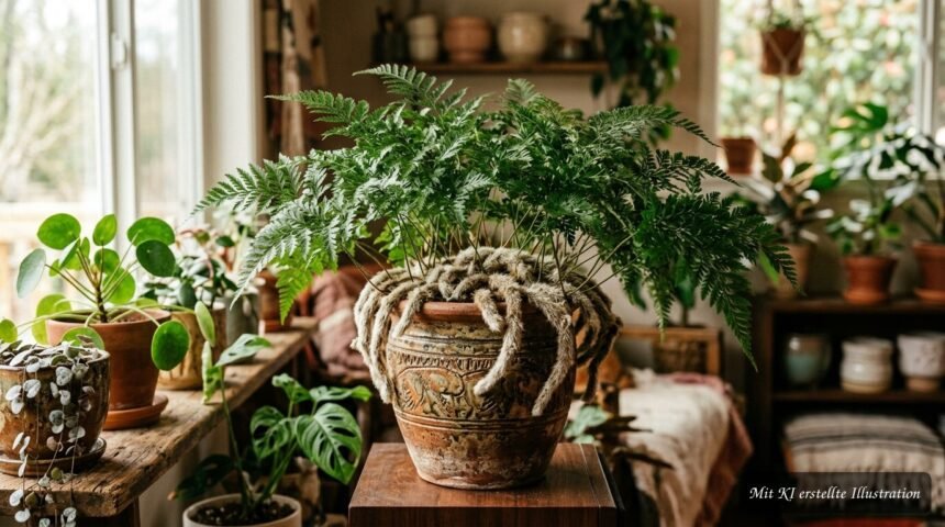 Hasenfußfarn mit filigranen Wedeln und auffälligen behaarten Rhizomen im Blumentopf