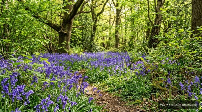 Blaue Hasenglöckchen blühen im Frühling üppig unter Sträuchern im schattigen Gartenbereich