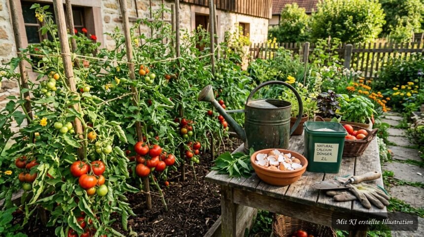 Tomatenpflanzen im Garten mit Eierschalen, Brennnesseljauche und Calcium versorgen