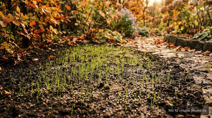 Herbstdüngung nach der Rasenaussaat – wann Nährstoffe sinnvoll sind und worauf du achten solltest Junge Rasenhalme nach der Herbstaussaat erhalten gezielte Nährstoffversorgung für den Winter